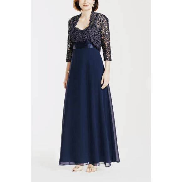 R&M Richards Long Sleeve Metallic Lace Jacket Dress STYLE# 3726 Navy Size 14 - Picture 1 of 14